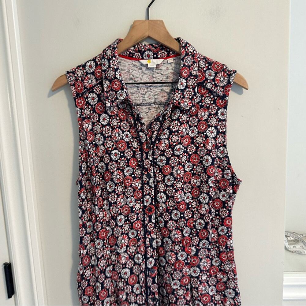 Boden Red White Blue Cotton Floral Button Front Belted MIDI Dress 14R - Picture 11 of 12
